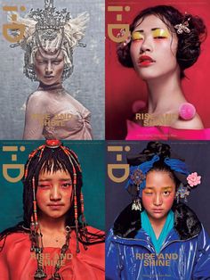 four magazine covers with different women in their hair and make - up, one is wearing an elaborate headdress