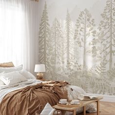 Create your peaceful woodland retreat with our Neutral Woodland Whispers Wallpaper Mural. Foggy pine tree forest scene in soothing neutral beige tones, creating a calming and serene atmosphere for your little one. HOW TO ORDER Order overall Width and Height of your space, even when you have doors or windows. It will be divided into even panels for installation. Murals are custom made based on your measurements, each mural is prepared to better fit all the elements in the art no matter the size y