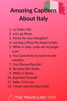 a pink poster with the words amazing captions about italy on it's side