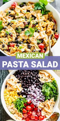 mexican pasta salad with black beans, tomatoes, corn and cilantro in a white bowl