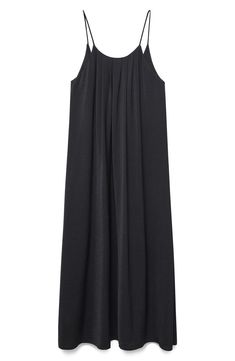 Soft pleats detail the neckline and deeply scooped back of this maxi cut in a flowing shift silhouette. Slips on over head Scoop neck Unlined 60% polyester, 40% recycled polyester Machine wash, line dry Imported Summer Workwear Maxi Dress With Pleated Back, Black Viscose Maxi Dress, Spring Black Maxi Dress With Pleated Back, Black Summer Maxi Dress With Pleated Back, Chic Daywear Maxi Dress With Pleated Back, Chic Flowy Maxi Dress With Pleated Back, Shift Maxi Dress, Mango Maxi Dress, Maxi Shift Dress