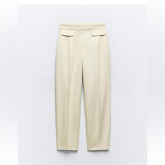 Zara Pants With A High Waist And Front Flaps Front Zip, Inside Button With Metal Hook Closure Beige Office Bottoms With Pockets, High Waist Office Pantsuit With Pockets, Cream Straight Pants With Belt Loops, Beige Summer Pants With Buttons, Summer Beige Pants With Buttons, High Waist Beige Pants With Welt Pockets, Beige High Waist Wide Leg Pants With Button Closure, High-waist Beige Bottoms With Buttons, High Waist Beige Bottoms With Buttons