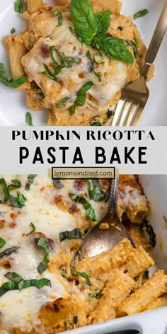 pumpkin ricotta pasta with spinach and cheese in a white casserole dish