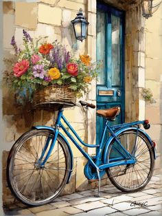 a painting of a blue bicycle with flowers in the basket next to a building door