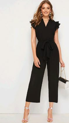 Comfy Jumpsuits, Split Hem Dress, Belted Jumpsuit, Solid Color Jumpsuits, Belt Jumpsuit, Ruffle Jumpsuit, Jumpsuit Outfit, Butterfly Sleeves, Black Ruffle