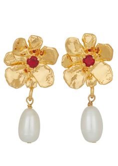 Flower Pearl Drop Earrings in Gold - Red – Mondo Mondo Pearl Drop Earrings Gold, Gold Fronts, Single Pearl, Flower Center, Jewelry Lookbook, Jewelry Inspo, Gold Plated Earrings, Pearl Drop Earrings, Pearl Drop