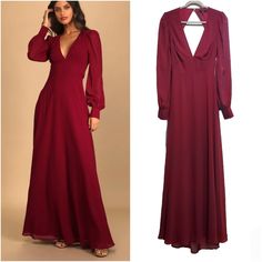 Lulus Talk About Divine Burgundy Long Sleeve Backless Maxi Dress Size: L (10/12) Color: Burgundy The Lulus Talk About Divine Burgundy Long Sleeve Backless Maxi Dress Is A Dreamy Combination Of Classy And Sexy! Lightweight Woven Chiffon Shapes This Gorgeous Dress That Has A Plunging V-Neckline And Sheer Long Sleeves With Button Cuffs. A Princess-Seamed Bodice Tops A Set-In Waist And A Cascading Maxi Skirt. The Alluring Open-Back Design Is Accented With A Tying Sash And Button Closure At The Neck. Long Spring Dresses, Blush Maxi Dress, Burgundy Maxi Dress, Green Formal Dresses, Dresses Lulus, Purple Maxi Dress, Backless Maxi Dress, Purple Maxi, Ribbed Maxi Dress