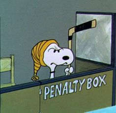 a cartoon dog is looking into a box that says penalty box