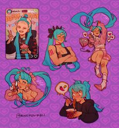 some stickers on a purple background with pink, blue and green hair sitting next to each other