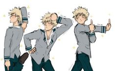 three different poses of an anime character with his hands on his head and one pointing at the