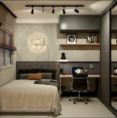 a bedroom with a bed, desk and shelves on the wall next to each other