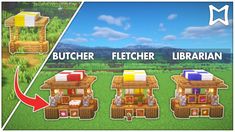 an image of the different types of houses in minecraft with text that reads butcher, fetcher, librarian