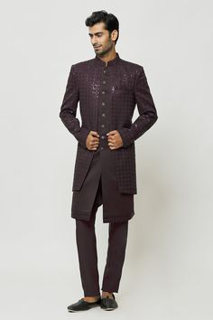 Dark wine art silk front-open sherwani with sequins and thread embroidery. Comes with dupion art silk aligadhi pant and a kurta. - Aza Fashions Festival Bandhgala With Mirror Work For Reception, Festival Reception Bandhgala With Mirror Work, Designer Mirror Work Sherwani Straight Kurta, Designer Sherwani With Mirror Work, Traditional Drape Nehru Jacket With Intricate Embroidery For Party, Nehru Jacket With Intricate Embroidery For Party, Designer Raw Silk Kurta, Resham Embroidered Raw Silk Bandhgala For Reception, Art Silk Sherwani With Resham Embroidery Customizable