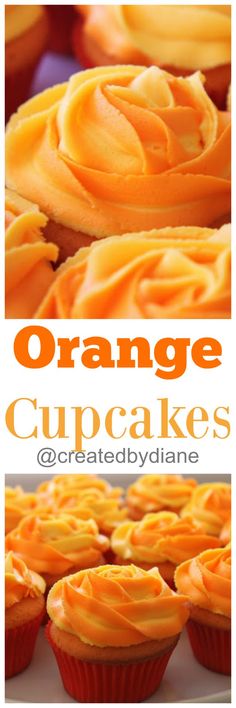 orange cupcakes with white frosting on top and the words orange cupcakes below