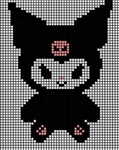 a black cat with pink eyes on it's face is shown in the shape of a cross stitch pattern