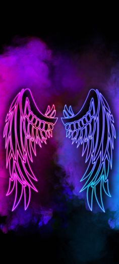 two neon angel wings against a black background