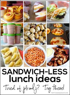 a bunch of food that is on top of a table with the words sandwich - less lunch ideas