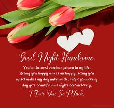 some pink tulips and green leaves on a red background with the words good night handsome