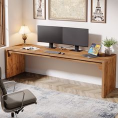 a computer desk with two monitors and a laptop