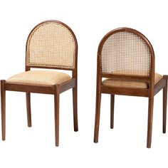 a pair of wooden chairs with cane backrests and wicker seat covers on each side