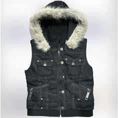 Super Cute Quilted Black Faux Fur Hooded Vest- Fur Is Removable. Zips & Buttons! Zipper Pockets! New-Without Tags! Questions? Leave A Comment Below! Collage Fits, Fuzzy Hoodie, Alt Clothes, Fur Hood Jacket, Fur Hoodie, Hoodie Vest, Hooded Vest, Sleeveless Jacket, Black Faux Fur