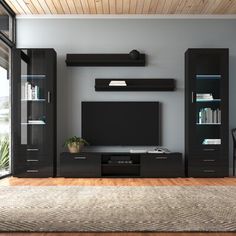 modern living room with black entertainment center and sliding glass doors