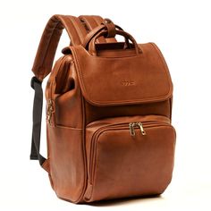 a brown leather backpack on a white background