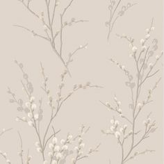 a wallpaper with white flowers and branches in grey tones on a light gray background