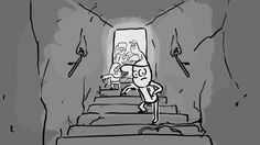 a cartoon character is walking up the stairs in front of an open door to another room