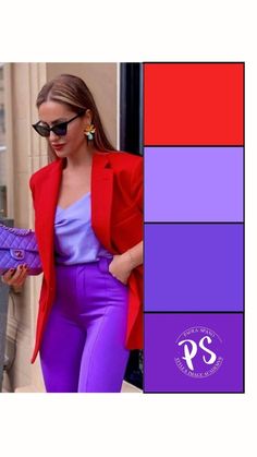 Violet And Green Outfit, Deep Purple Outfit Color Combos, Red And Purple Outfit Ideas, How To Wear Purple, Preaching Outfits For Women, Red Color Blocking Outfits, Bright Work Outfits, Colour Combination With Red, Color Blocking Outfits Summer