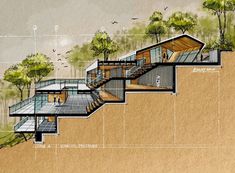 an architectural drawing of a house with stairs and trees on the outside, as well as steps leading up to it