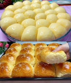 there are many different types of breads on the table and one is holding a piece of bread