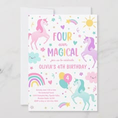 a birthday card with unicorns and balloons