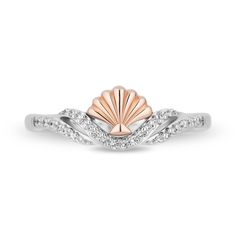 For the mermaid who has everything, this Ariel diamond shell ring is a unique accessory to celebrate the beloved red-headed heroine. Sterling silver holds brilliant cut diamonds that swim around a 10K rose gold shell in a current of scintillating glimmer. Our Enchanted Disney fine jewelry collection is charming, romantic and full of whimsy. Helzberg and Disney invite anyone to embrace their inner princess or celebrate a fairytale love story. | 1/10 ct. tw. Ariel Diamond Shell Ring | Sterling Sil Disney Ariel Ring, Little Mermaid Jewelry, Mermaid Wedding Ring, Disney Princess Rings, Disney Princess Engagement Rings, Disney Ring, Disney Couture Jewelry, Disney Princess Jewelry, Disney Wedding Rings