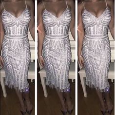 three pictures of a woman wearing a white dress with silver sequins on it