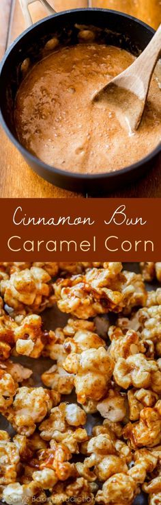 cinnamon bun caramel corn on a wooden table with a bowl of dip and spoon