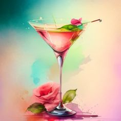 a painting of a martini glass with a pink rose on the rim and green leaves