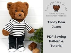 a teddy bear wearing a striped shirt and black pants