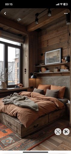 an image of a bedroom setting with wood paneling and bed in the foreground