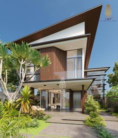 an artist's rendering of a modern house in the middle of trees and grass