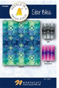 the star bliss quilt pattern is shown in blue, green and purple colors with an image of