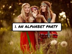 three beautiful young women standing next to each other in a field with the words photo booth above them