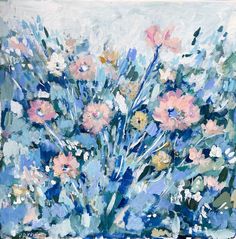 a painting of flowers in a blue vase