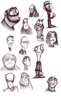 some cartoon faces drawn in pencil and ink with different expressions, including one man's head