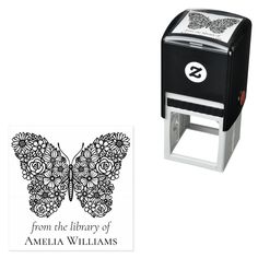 a black and white butterfly stamp with the words from the library of america on it