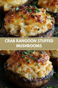 crab rangoon stuffed mushrooms with cheese and parsley on the top is shown in three different views