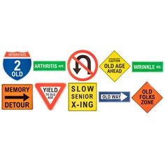 various road signs are arranged on a white background with one arrow pointing to the left