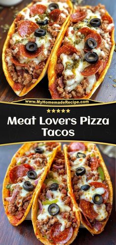 three different types of meat lovers pizza tacos on a wooden table with text overlay