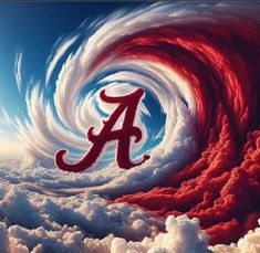 the letter a is surrounded by clouds and swirls in red, white, and blue