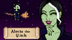 an animated character holding a sign that says,'aleeto the witch '